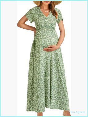 Maternity Maxi Dress Wrap V-Neck Short Sleeve Nursing Summer